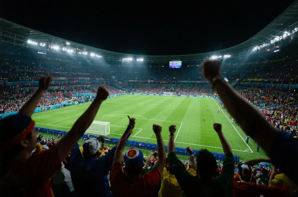 世界杯夜场比赛中球迷欢呼与球场灯光交织